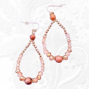 Pink Beaded Teardrop Hoop Earrings 2.75 Inch